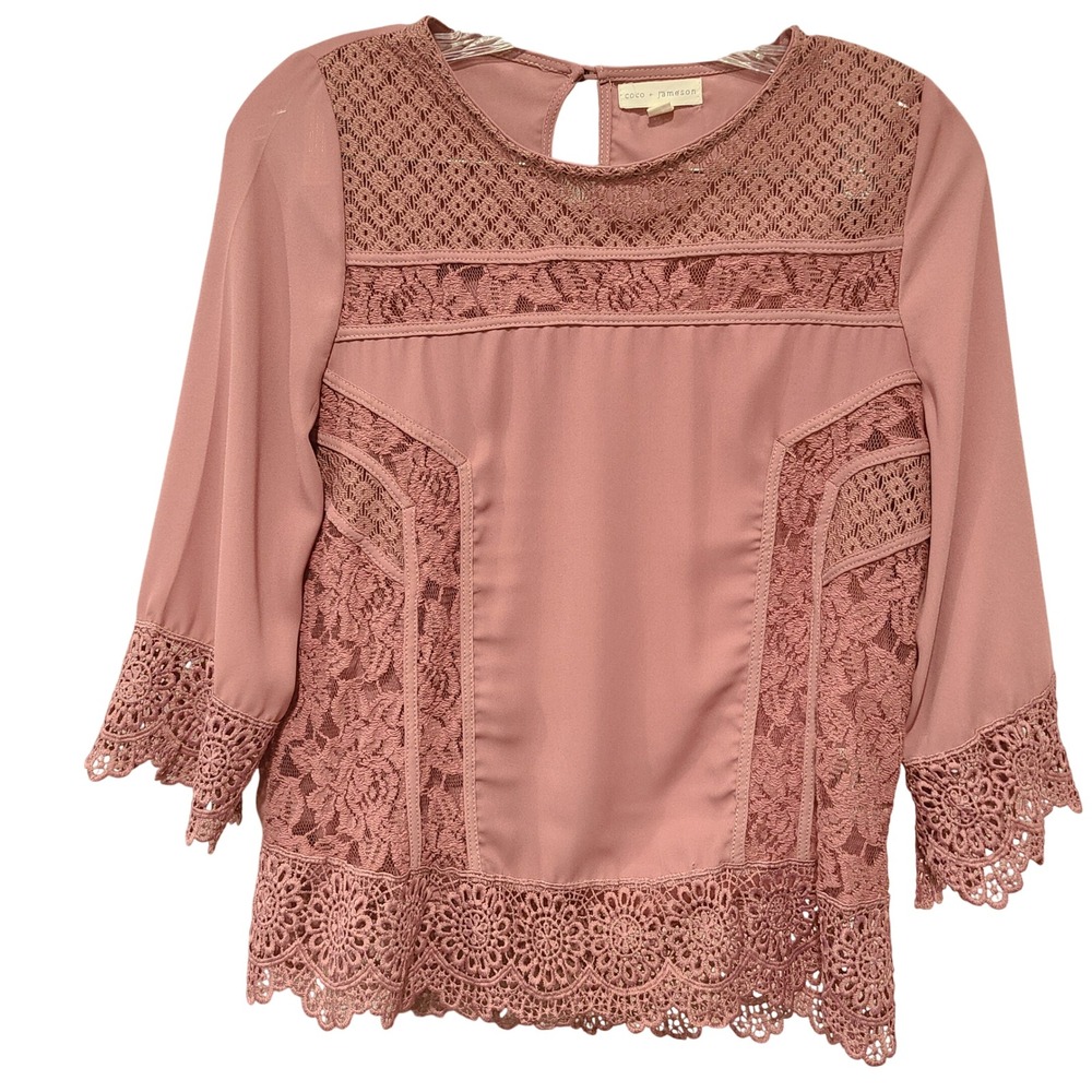 Coco + Jameson Mauve Pink‎ Lace Crochet Trim Blouse 3/4 Sleeve Small